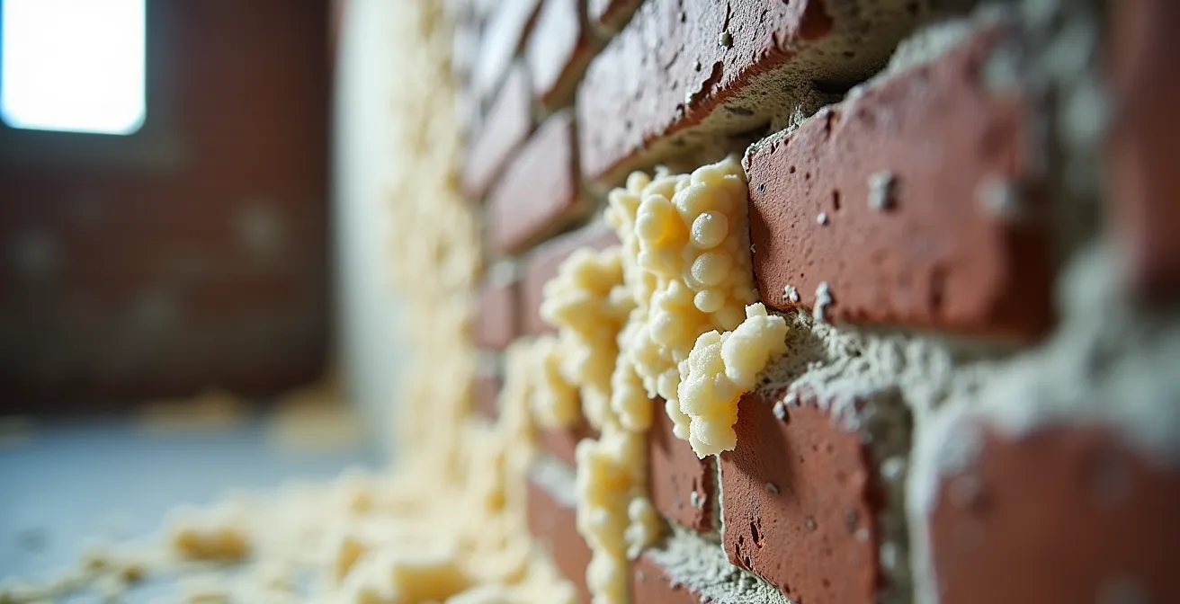 Application de mousse d'uréthane giclée sur un mur de brique intérieur