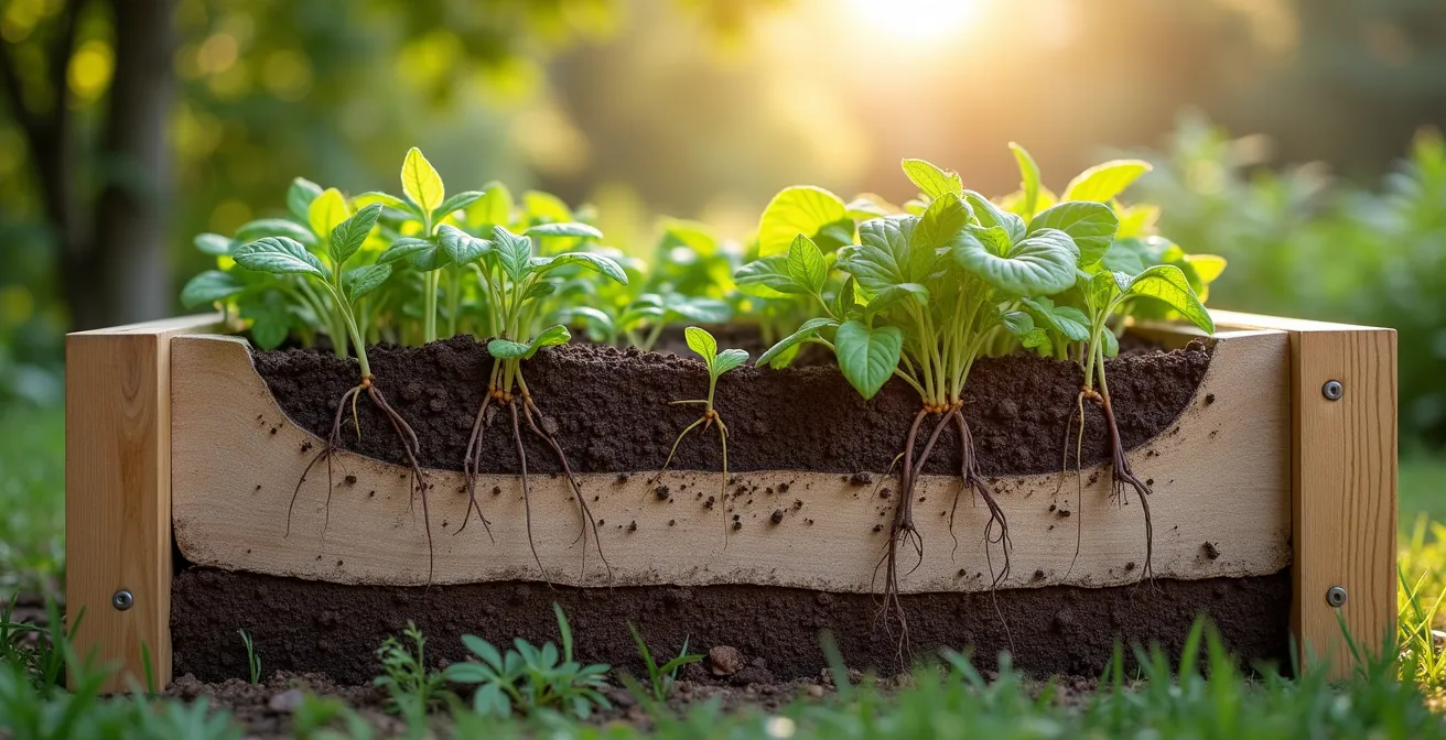 Coupe transversale d'un bac de potager montrant l'installation de la membrane protectrice entre le bois traité et la terre.