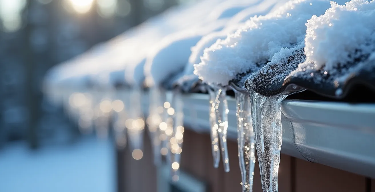 Vue détaillée d'un barrage de glace en formation sur une gouttière avec signes visibles de mauvaise isolation