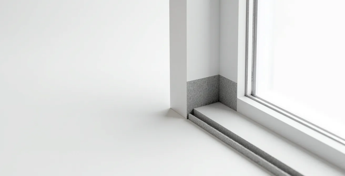 Vue en coupe d'un joint de fenêtre montrant le boudin de fond et l'adhérence sur deux faces seulement