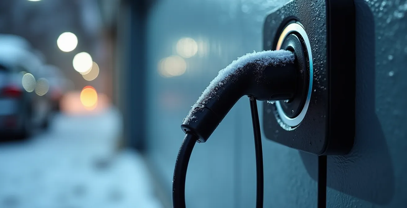 Gros plan sur un câble de recharge enroulé correctement avec cristaux de givre, support mural et neige en arrière-plan