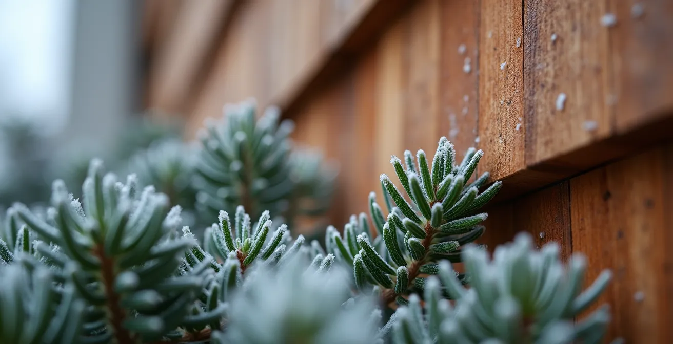 Cache thermopompe en cèdre avec arbustes persistants dans une cour arrière québécoise en hiver