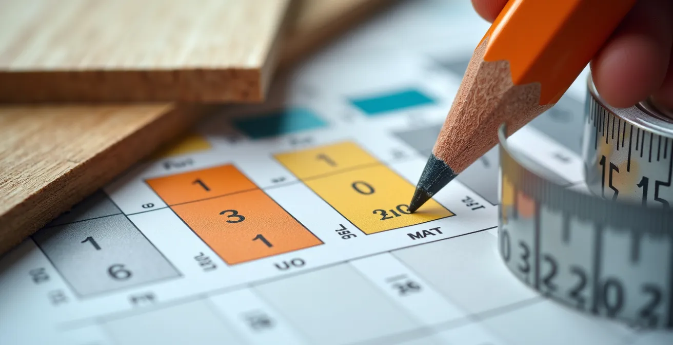 Vue macro d'un calendrier de planification de travaux avec outils de construction