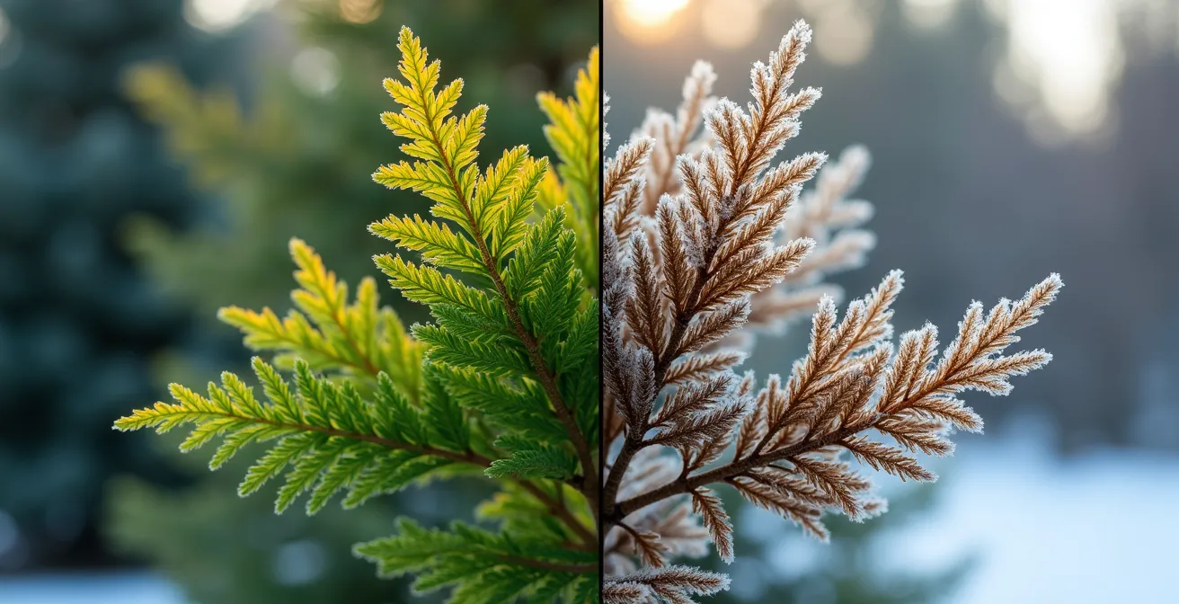 Comparaison visuelle entre un cèdre sain et un cèdre affecté par le brunissement hivernal