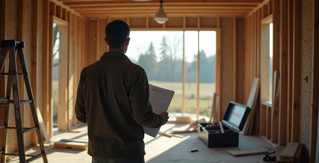 Chantier de construction résidentiel abandonné avec outils manquants et matériaux laissés sur place