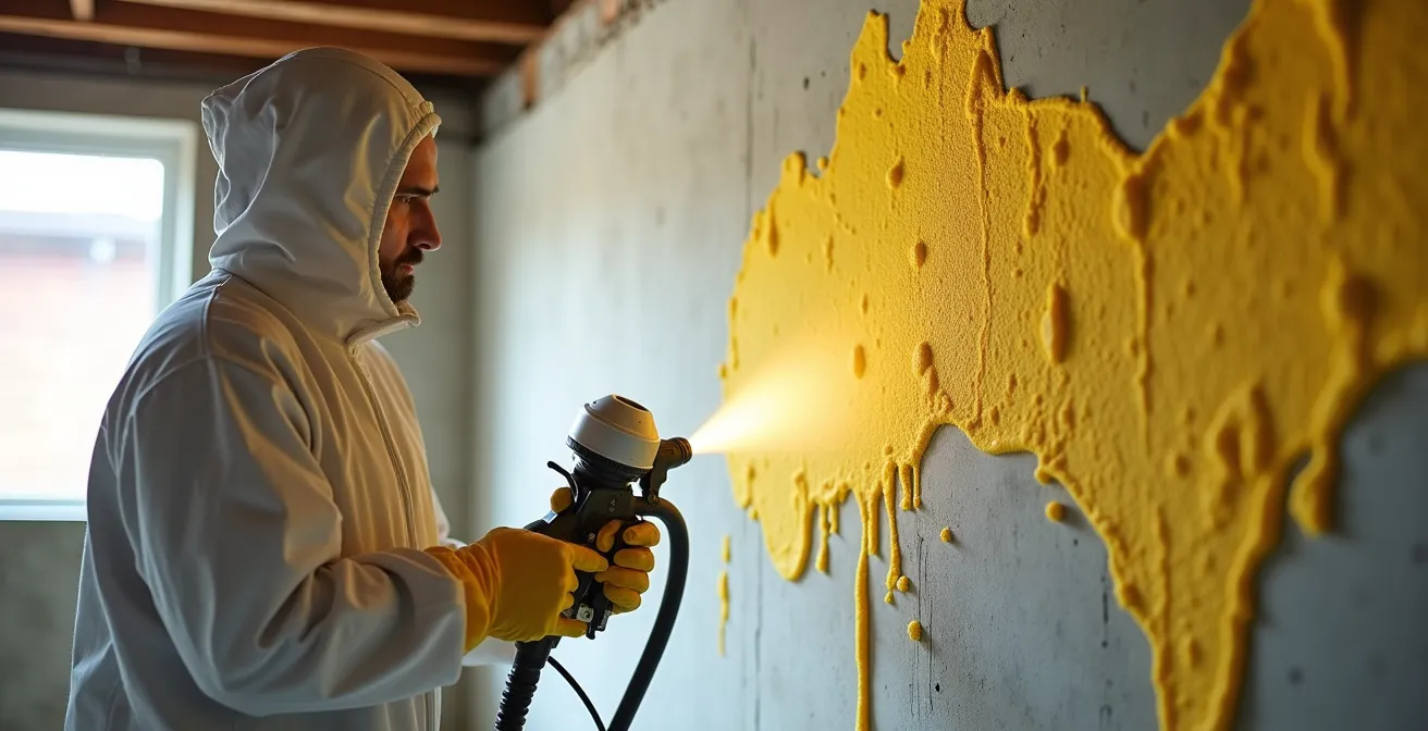 Vue en coupe montrant l'application d'uréthane giclé sur un mur de fondation