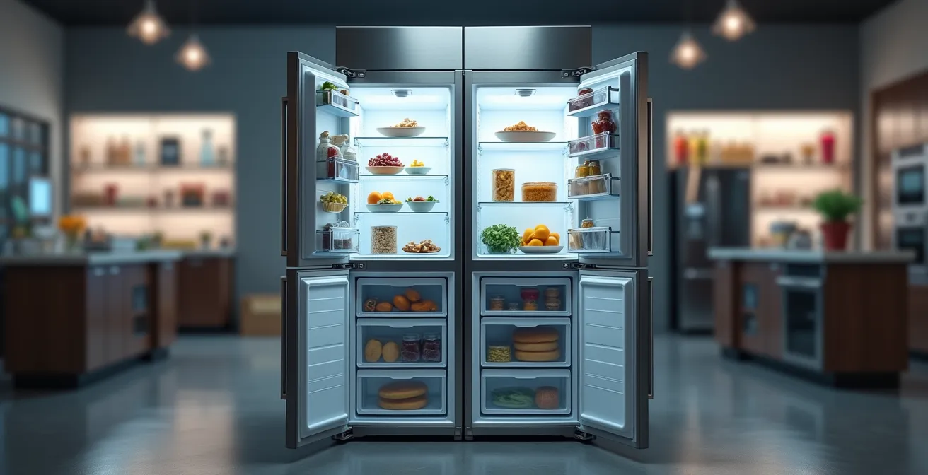 Deux réfrigérateurs côte à côte, l'un avec le congélateur en haut, l'autre en bas, dans un décor de magasin.