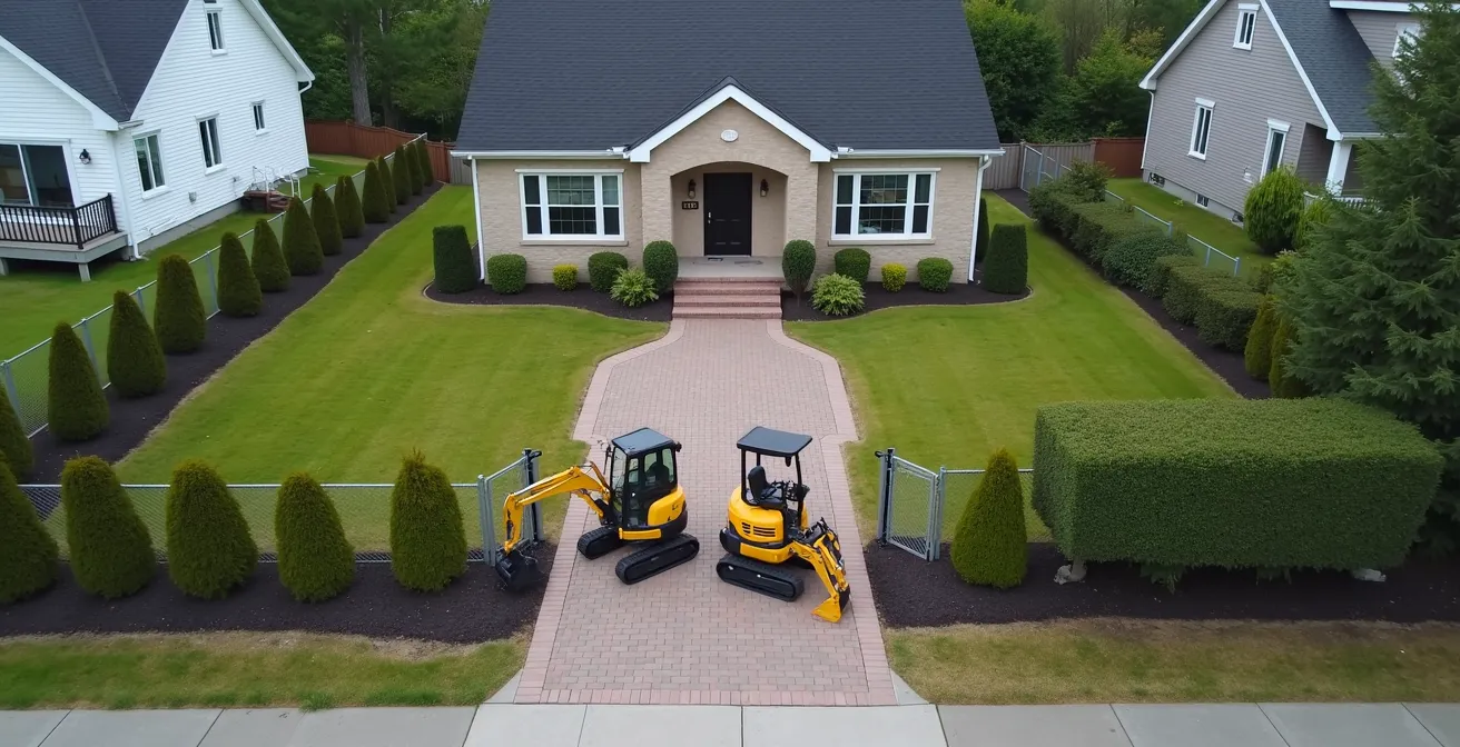 Vue aérienne comparative montrant deux mini-excavatrices de tailles différentes dans une entrée résidentielle québécoise typique