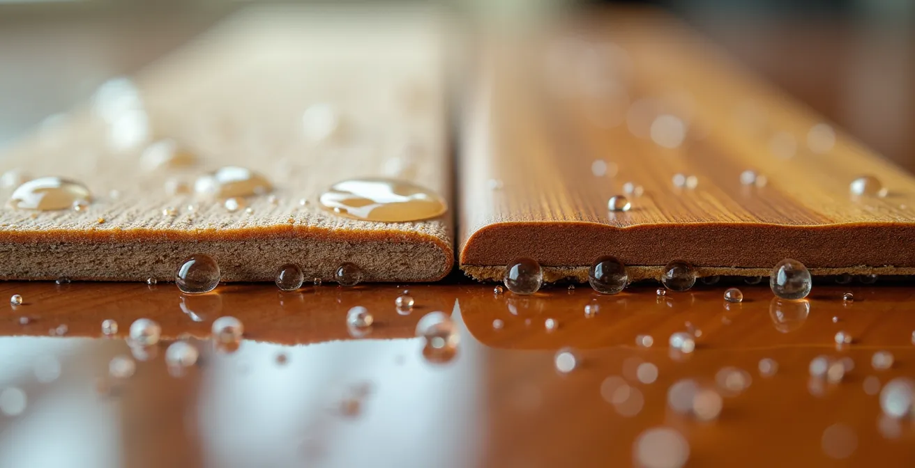 Comparaison visuelle entre vinyle SPC intact et plancher flottant gondolé après un dégât d'eau