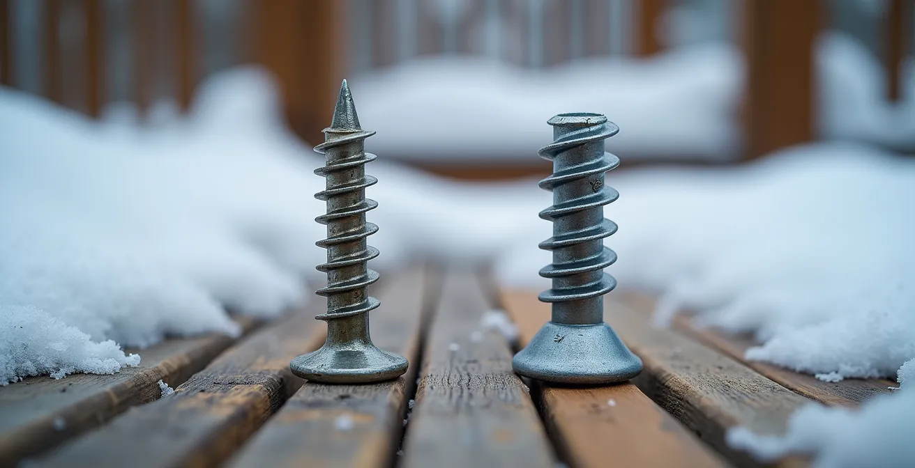 Gros plan comparatif de vis de construction avec patio enneigé en arrière-plan