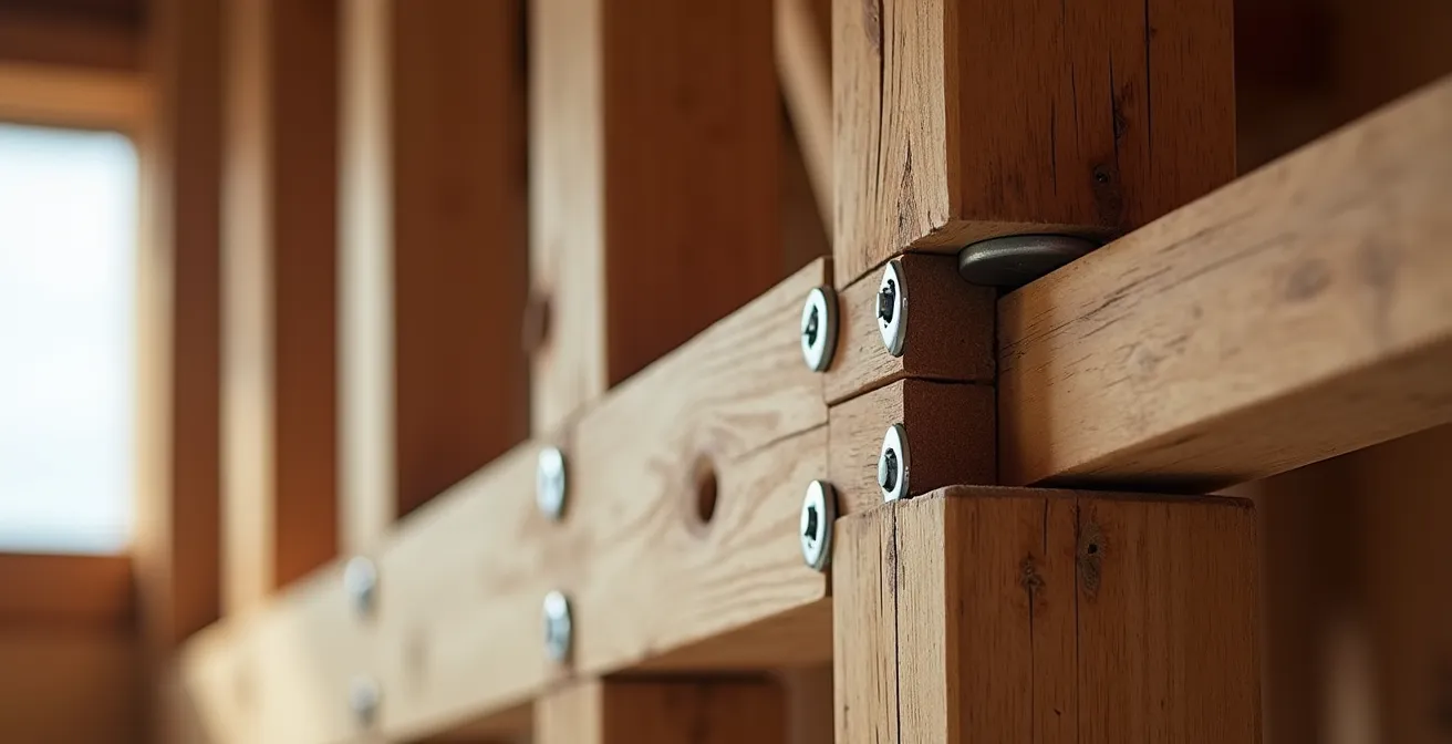 Assemblage mécanique de structure en bois montrant les techniques de construction réversible pour bâtiment durable