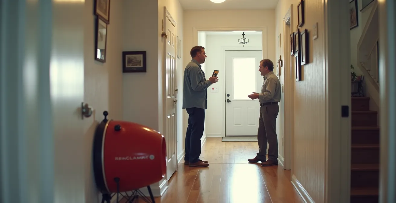 Conseiller Rénoclimat effectuant un test d'infiltrométrie dans une maison québécoise