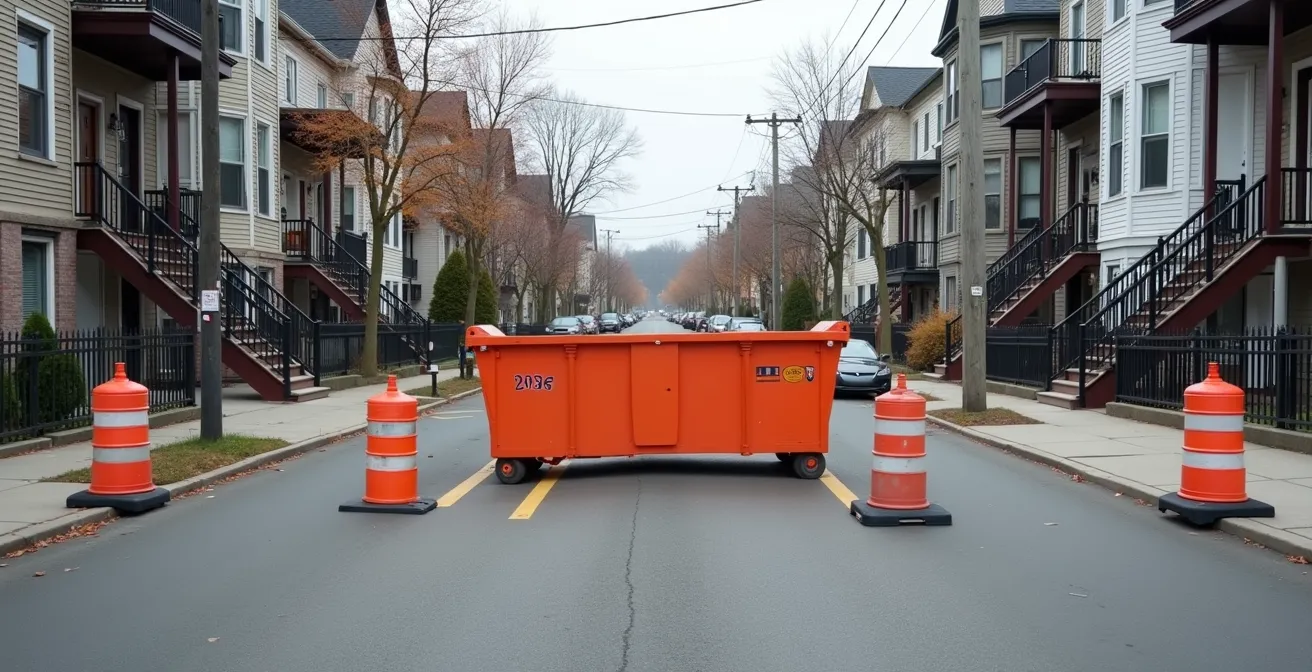 Vue large d'un conteneur à déchets de construction correctement installé dans une rue résidentielle avec signalisation de sécurité