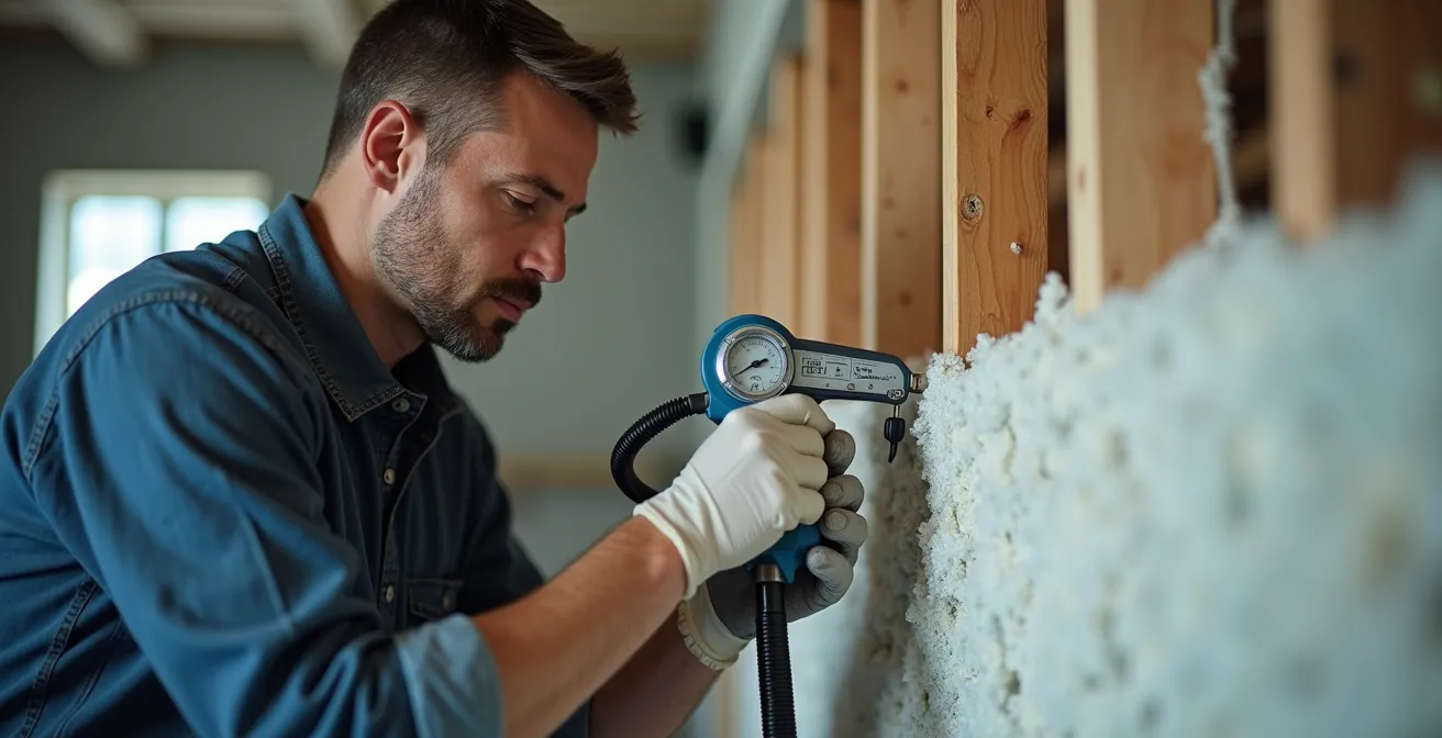 Technicien certifié vérifiant la qualité de l'application d'uréthane avec équipement de mesure