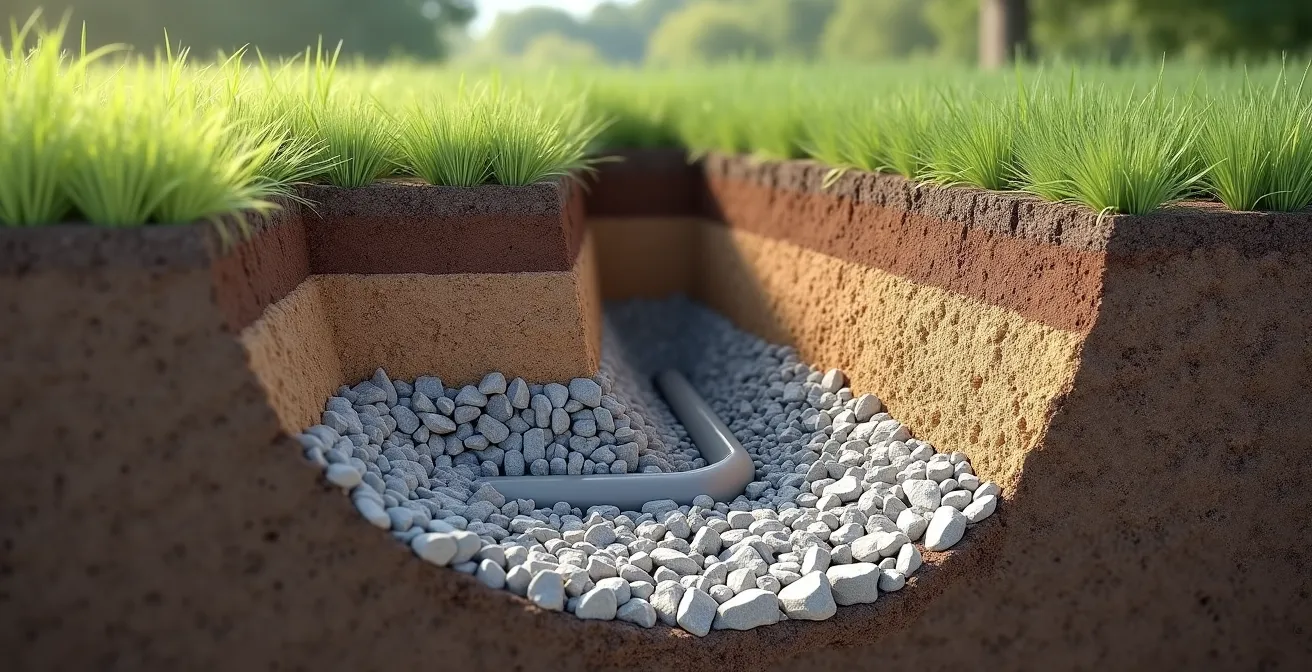 Vue en coupe d'un drain français montrant les couches de pierre nette et le positionnement du tuyau perforé