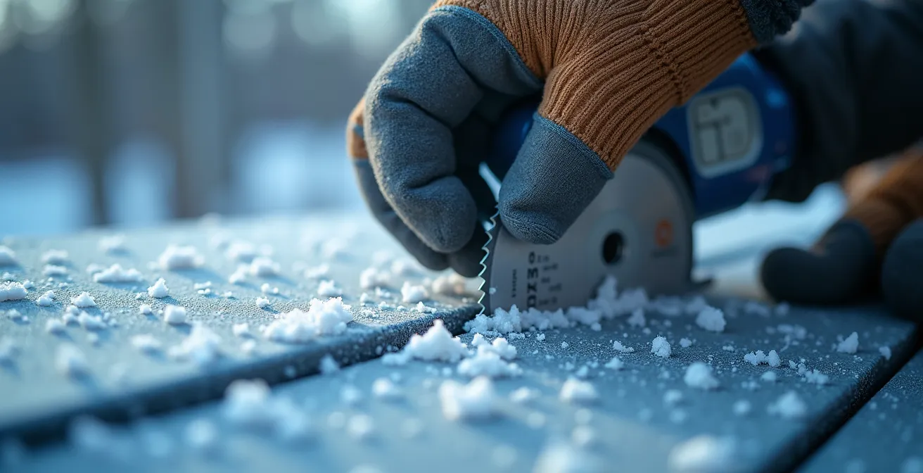 Gros plan sur la coupe de vinyle avec scie circulaire en hiver
