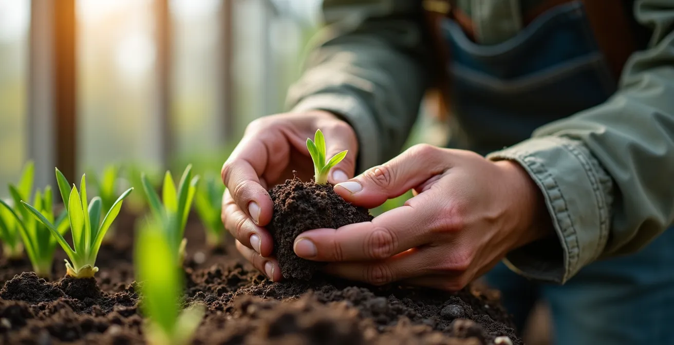 Gros plan sur la base d'une vivace avec nouvelles pousses vertes émergeant d'une couronne partiellement gelée