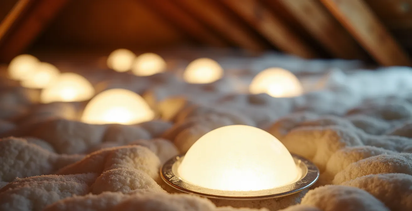 Installation de couvercles isolants pour luminaires encastrés vus depuis le grenier