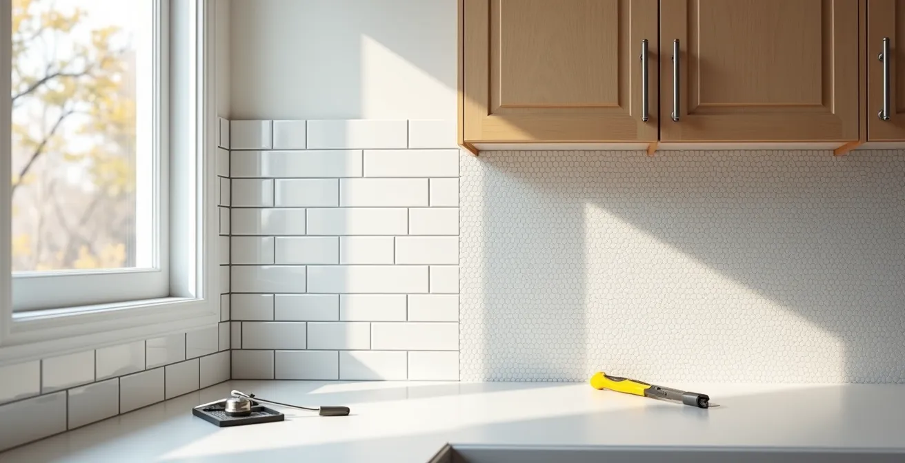 Cuisine québécoise montrant un dosseret avec moitié tuiles métro blanches et moitié mosaïque hexagonale, illustrant la différence visuelle.