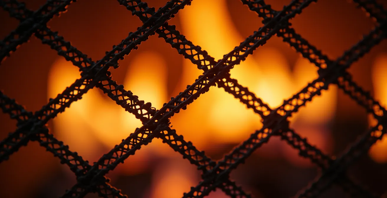 Écran de protection transparent installé devant un foyer au gaz avec détail du système de fixation