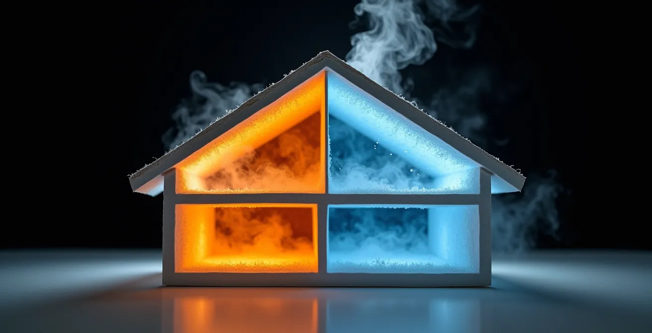 Coupe transversale d'une maison montrant l'effet de cheminée avec des flèches bleues indiquant l'entrée d'air froid en bas et des flèches rouges indiquant la sortie d'air chaud en haut.