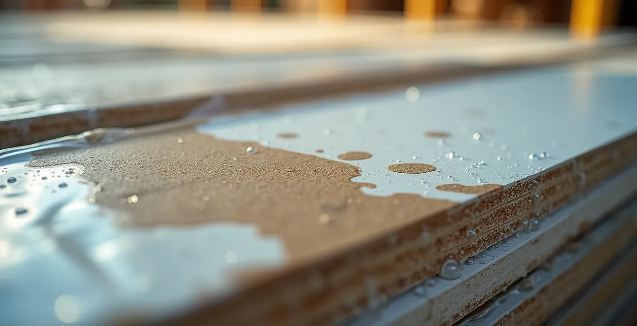 Panneaux de gypse correctement entreposés dans un espace couvert et ventilé sur un chantier québécois