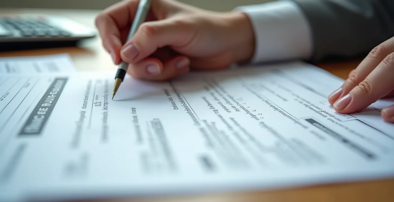 Main tenant une facture détaillée d'électricien avec calculatrice et documents administratifs sur bureau en bois