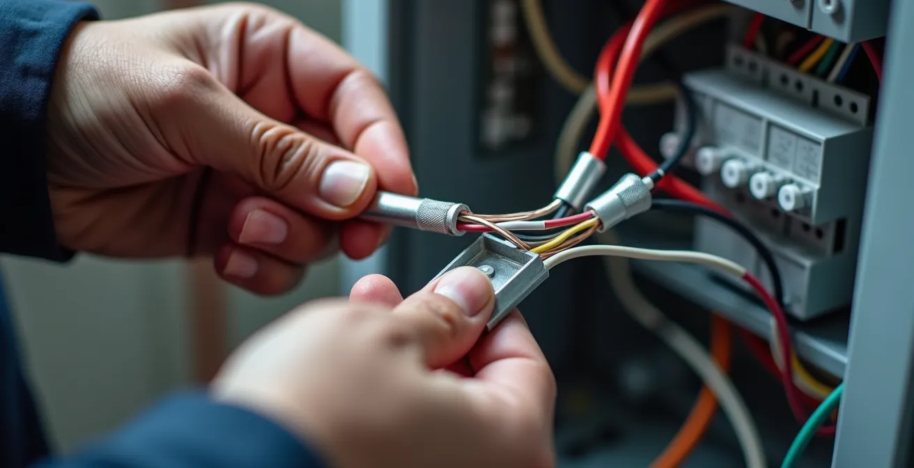 Gros plan sur l'installation d'un connecteur AlumiConn sur du filage d'aluminium avec mains d'électricien