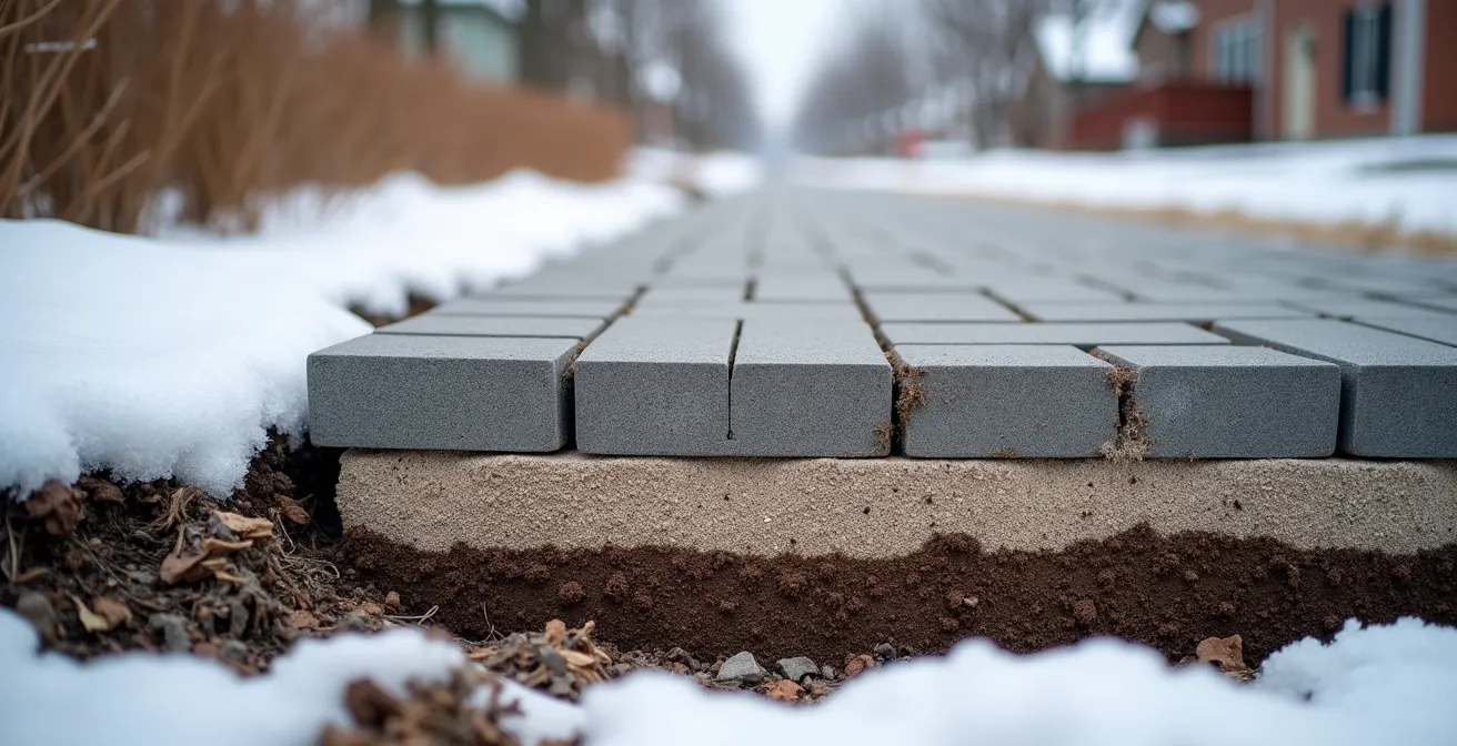 Vue en coupe d'une installation de pavé uni montrant les différentes couches de fondation anti-gel