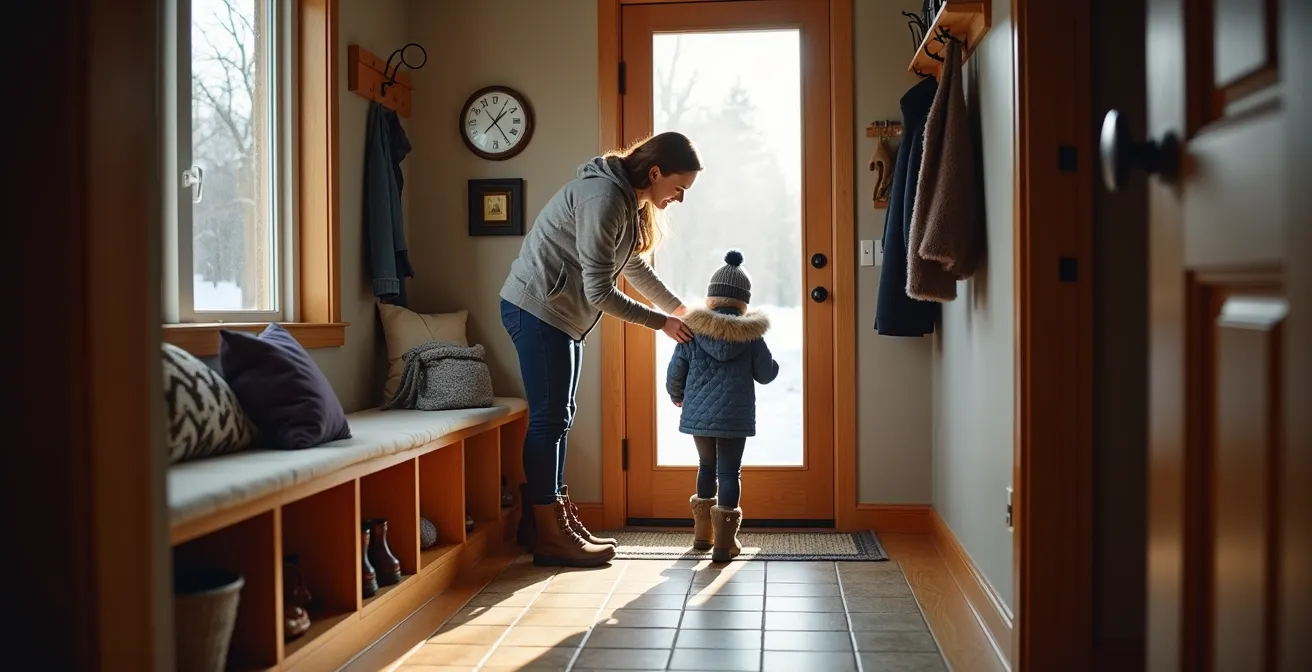 Hall d'entrée québécois avec mudroom fonctionnel pour l'hiver