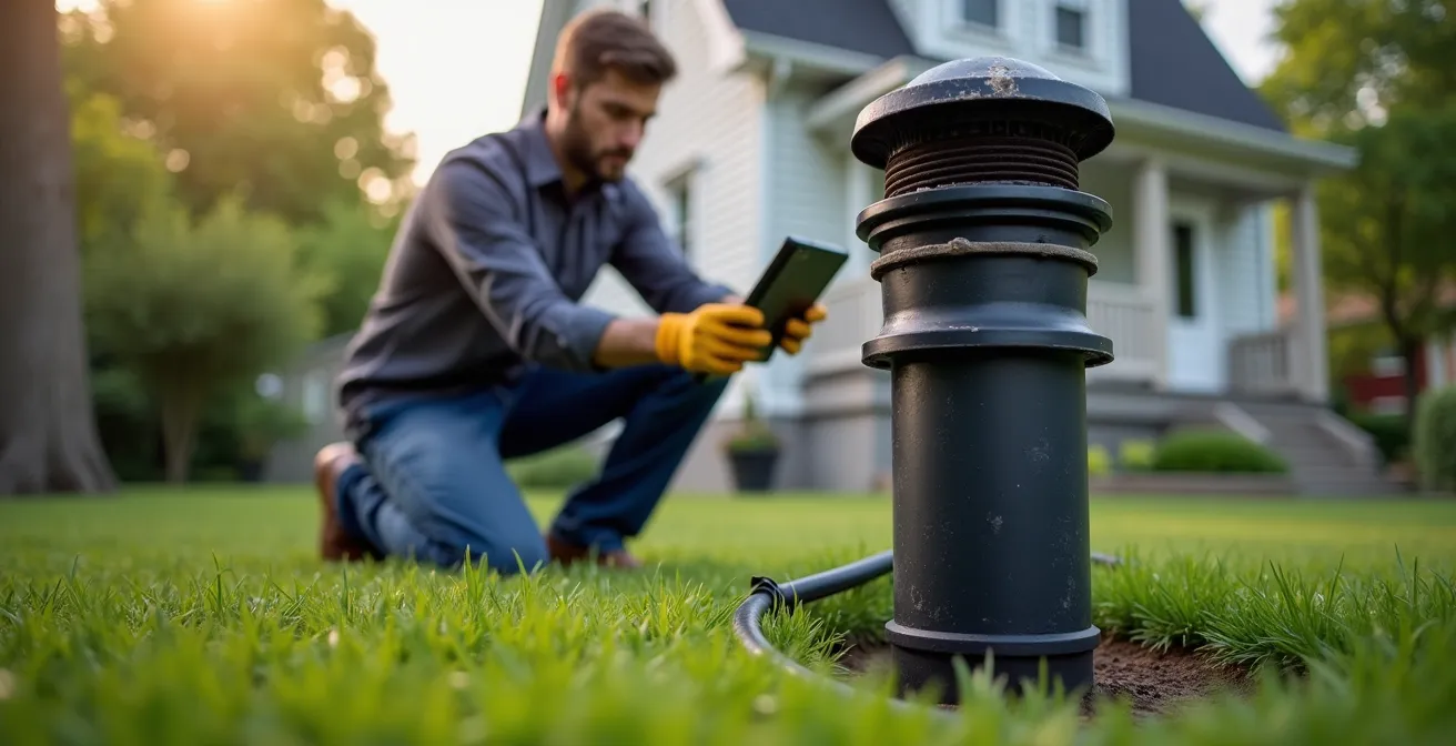 Technicien inspectant un drain français par caméra via une cheminée d'accès dans une cour québécoise