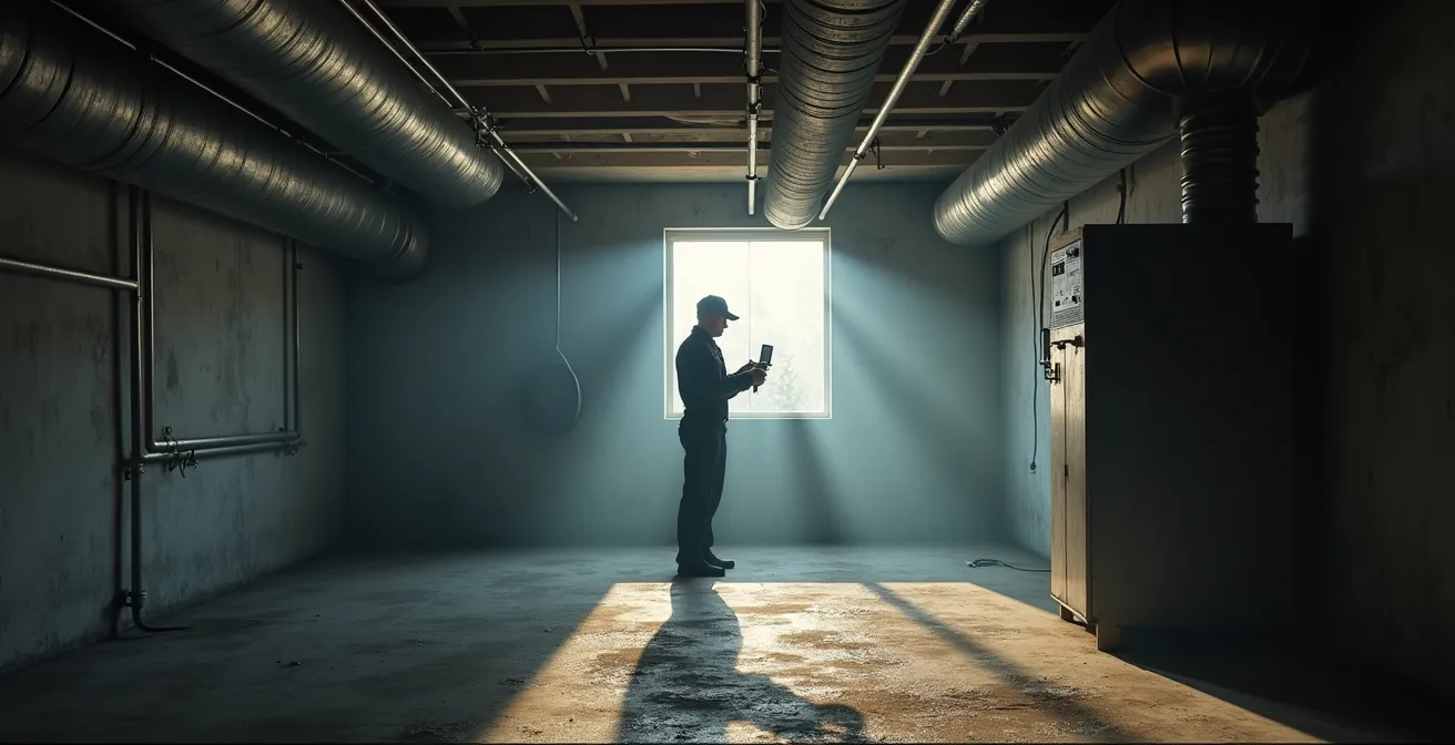 Technicien inspectant des conduits de ventilation dans un sous-sol de maison québécoise