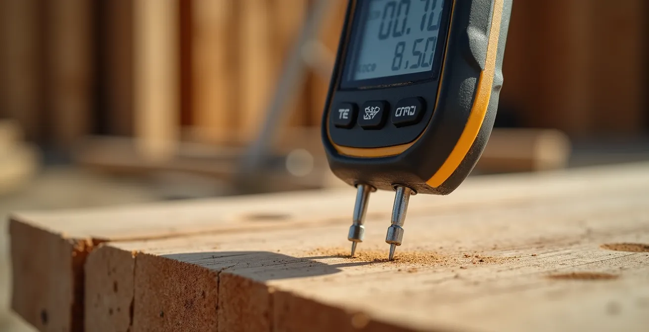 Entrepreneur mesurant l'humidité du bois SPF avec un humidimètre à pointes sur un chantier québécois