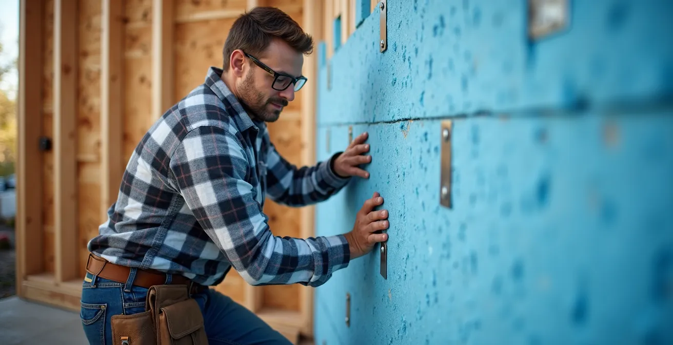 Installation d'isolant rigide sur mur extérieur avec système d'ancrage pour brique