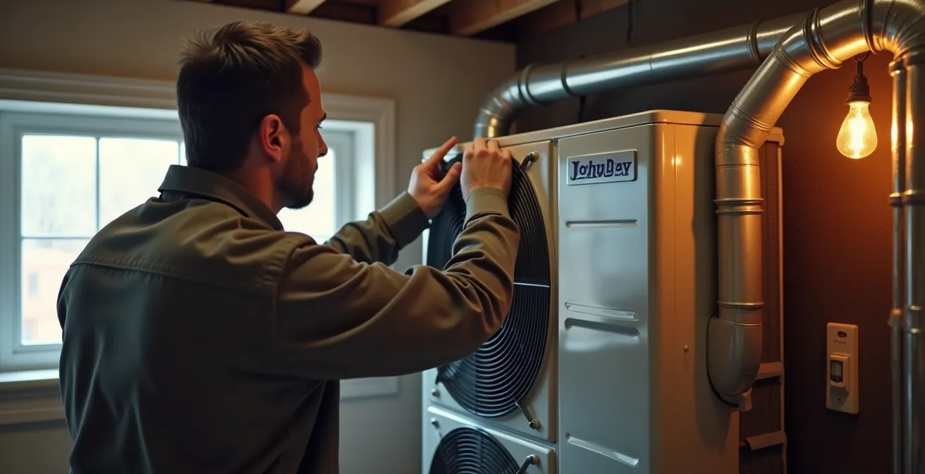 Vue d'ensemble d'une installation de thermopompe centrale dans un sous-sol résidentiel québécois