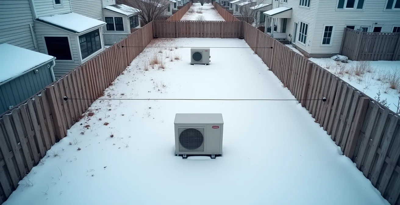 Vue aérienne d'une thermopompe installée avec distance réglementaire entre deux maisons mitoyennes québécoises