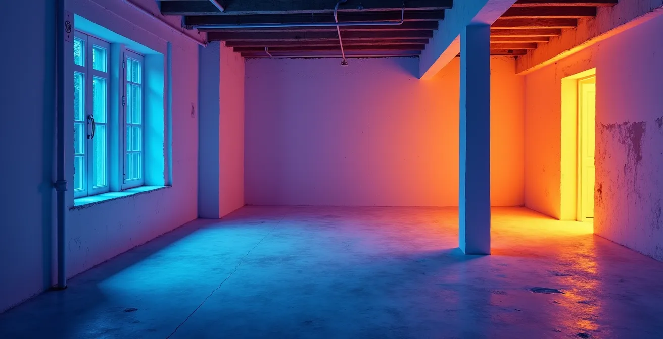 Vue thermographique colorée d'un coin de sous-sol montrant différentes zones de température