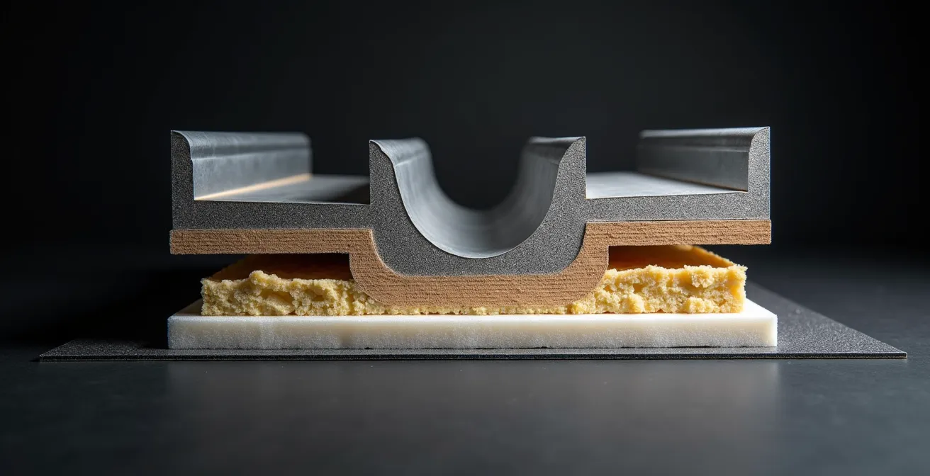 Coupe technique montrant l'installation de barres résilientes au plafond d'un sous-sol