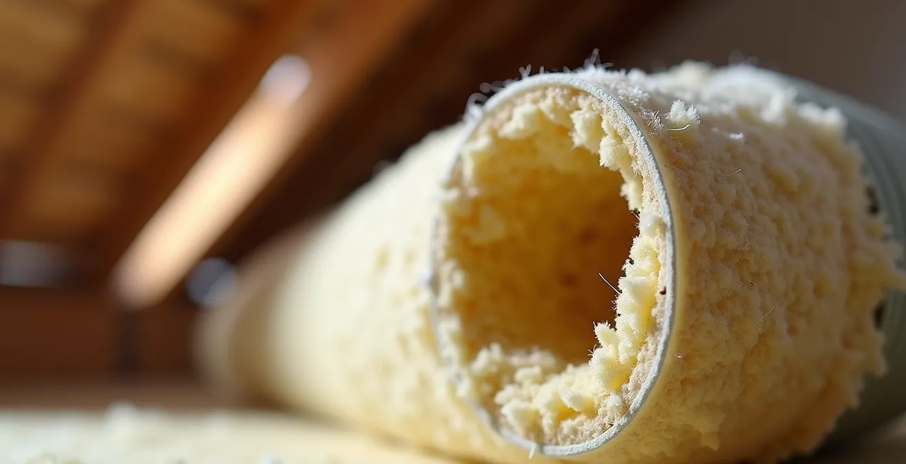 Vue en coupe d'un conduit de hotte isolé dans un grenier avec manchon de laine de roche