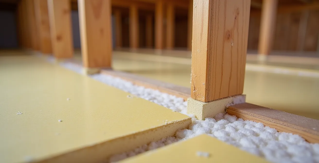 Vue détaillée de l'isolation des solives de rive avec panneaux XPS dans un sous-sol québécois