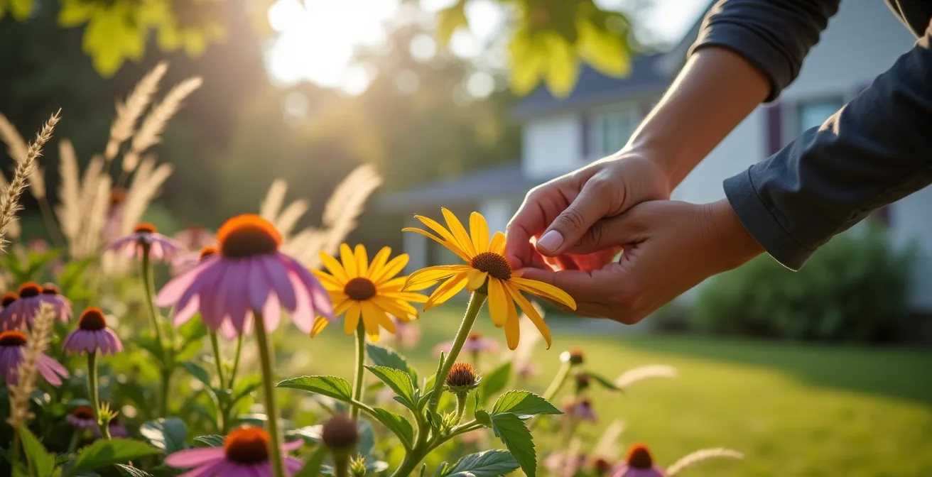 Jardin québécois de plantes indigènes avec amélanchier et vivaces locales en floraison