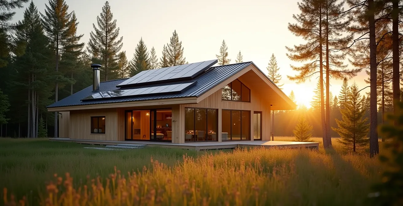 Maison passive québécoise avec panneaux solaires intégrés dans un environnement forestier boréal
