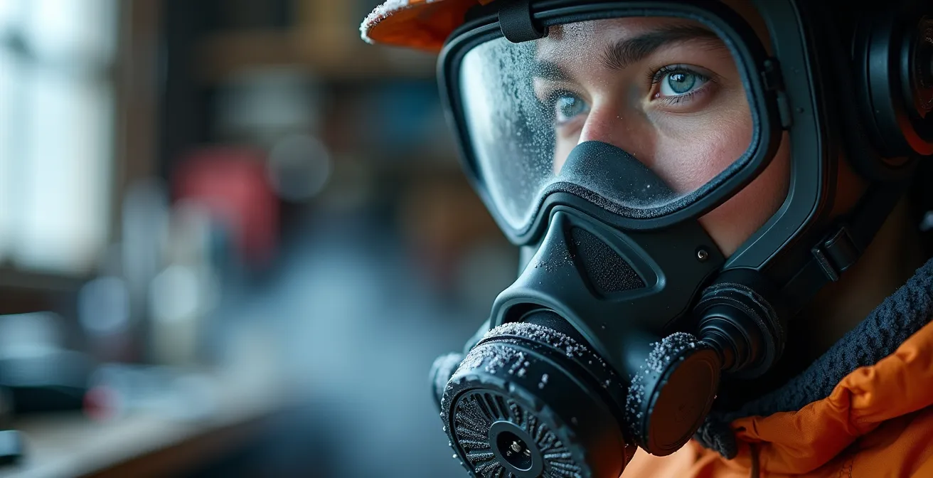 Gros plan sur système de protection respiratoire avec lunettes anti-buée en conditions hivernales