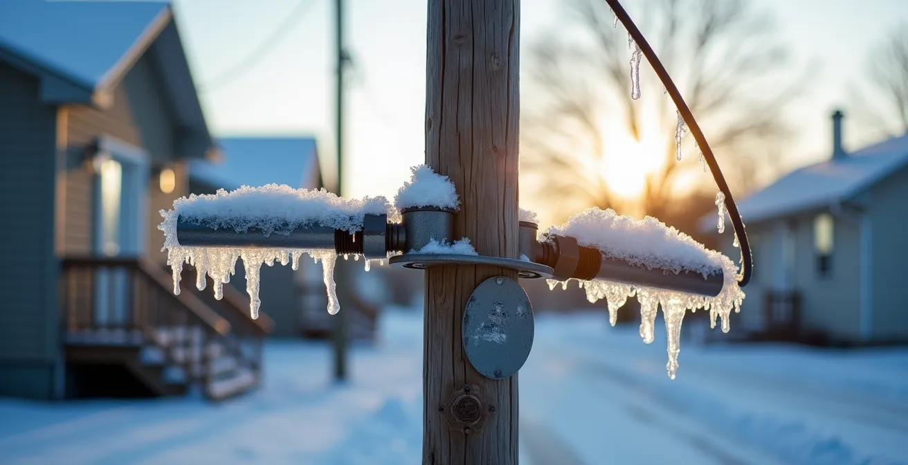 Mât électrique endommagé par le verglas montrant la limite de responsabilité entre Hydro-Québec et le propriétaire
