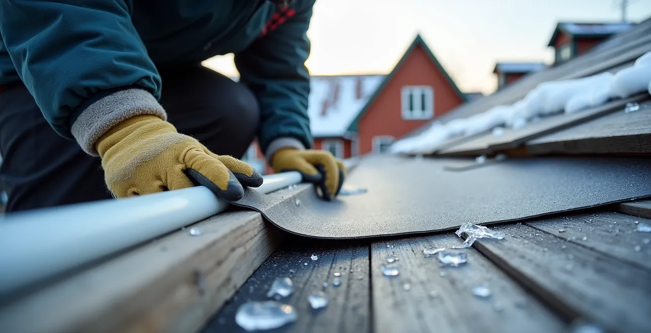 Installation d'une membrane autocollante sur l'avant-toit d'une maison québécoise en hiver
