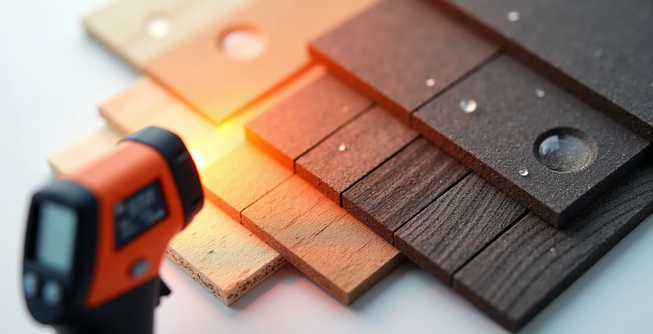 Échantillons de planches composites du clair au foncé avec thermomètre infrarouge mesurant la température