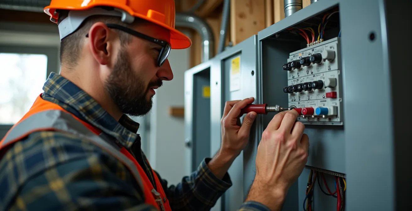 Électricien installant un panneau de transfert manuel près d'un panneau électrique principal