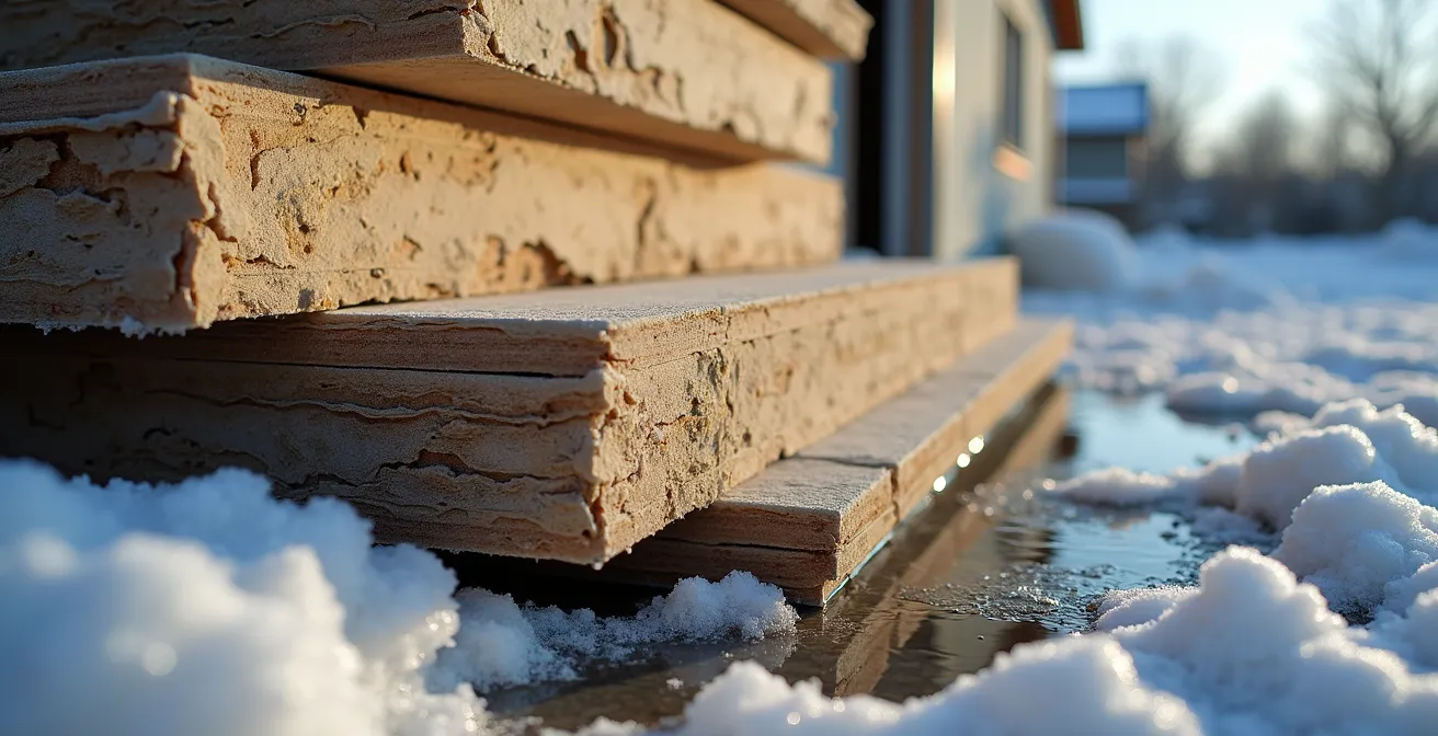 Panneaux de gypse gonflés par l'humidité et le gel sur un chantier extérieur