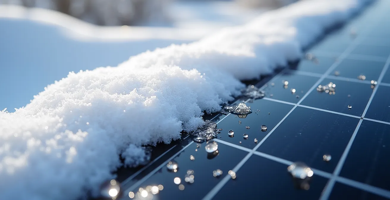 Gros plan sur un panneau solaire partiellement dégagé avec neige environnante créant un effet de réflexion lumineuse