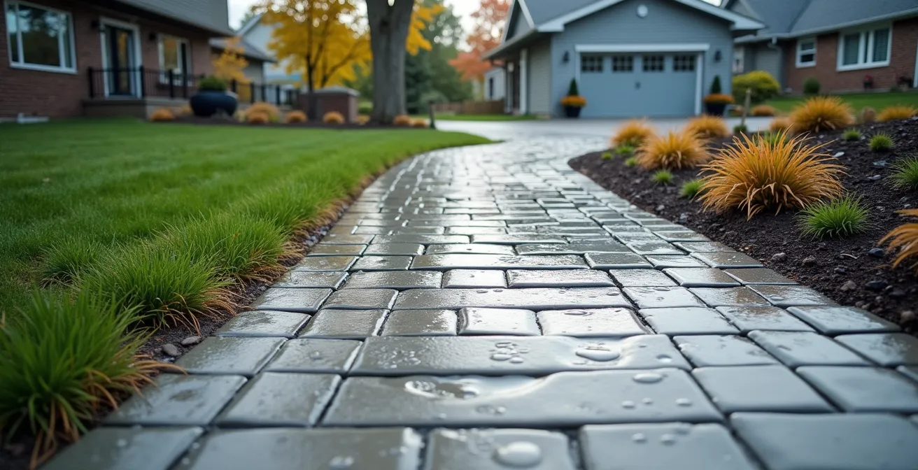 Vue aérienne d'une entrée en pavé uni avec pente de 2% et système de drainage vers jardin de pluie